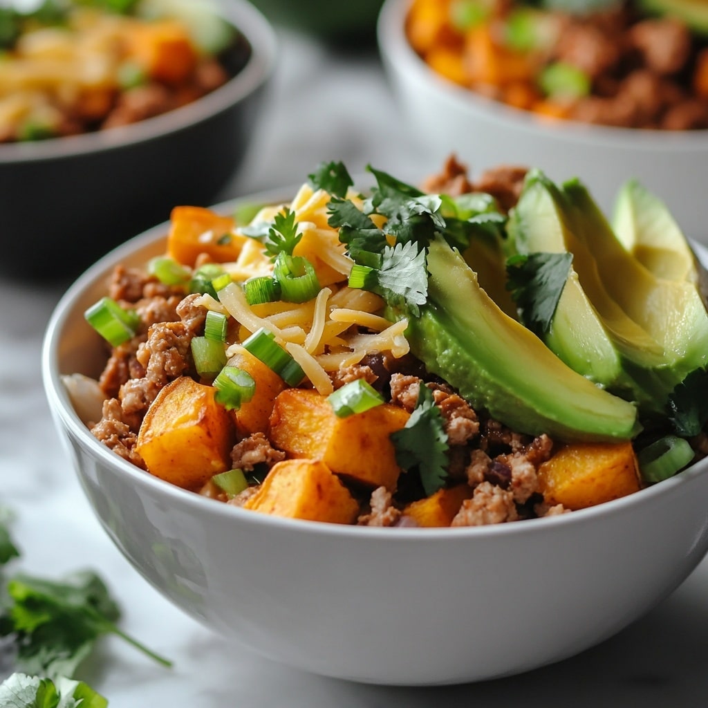 Close-up of served sweet potato turkey taco bowls with avocado, herbs, and cheese