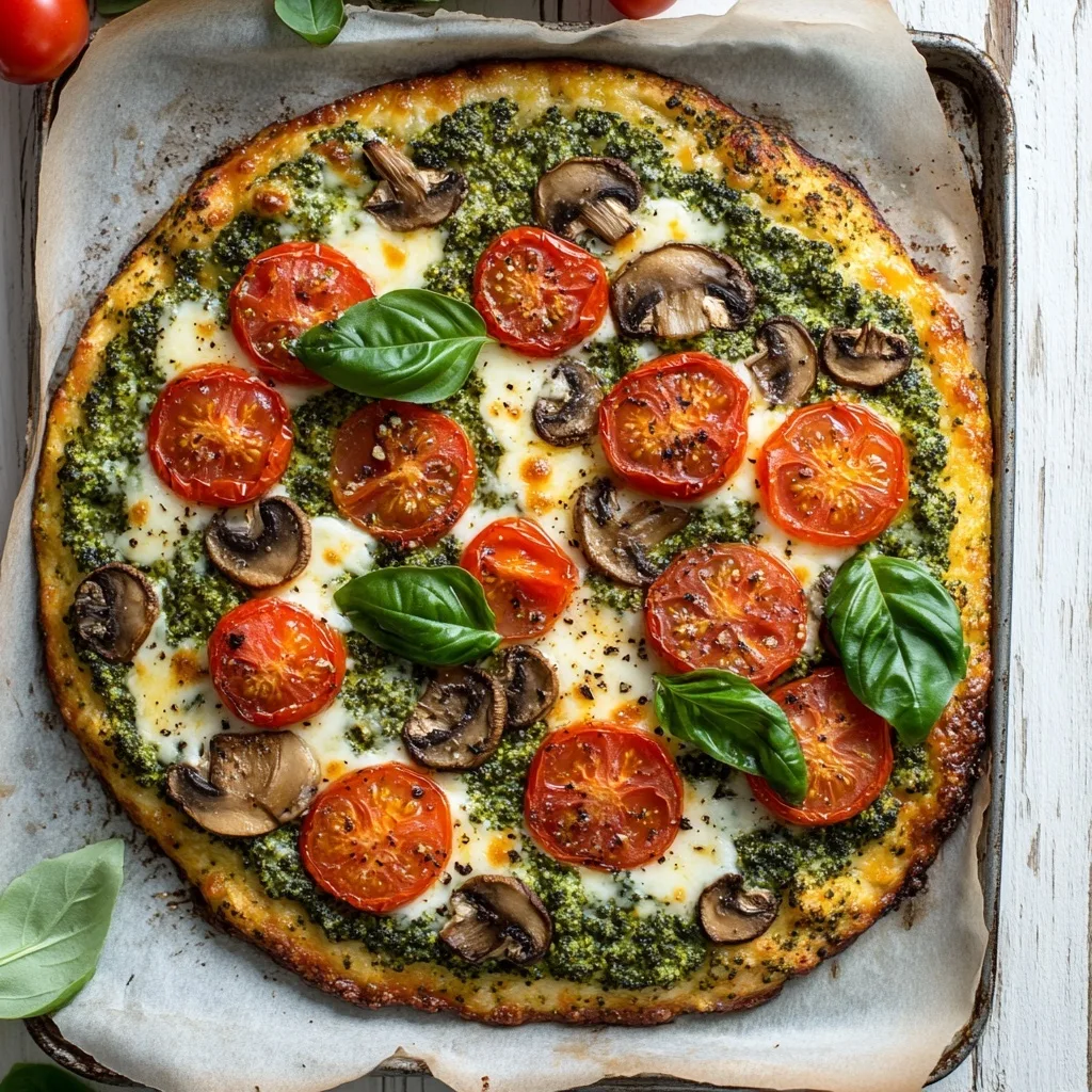 Gluten-free broccoli cottage cheese pizza crust topped with melted mozzarella, cherry tomatoes, mushrooms, and fresh basil.