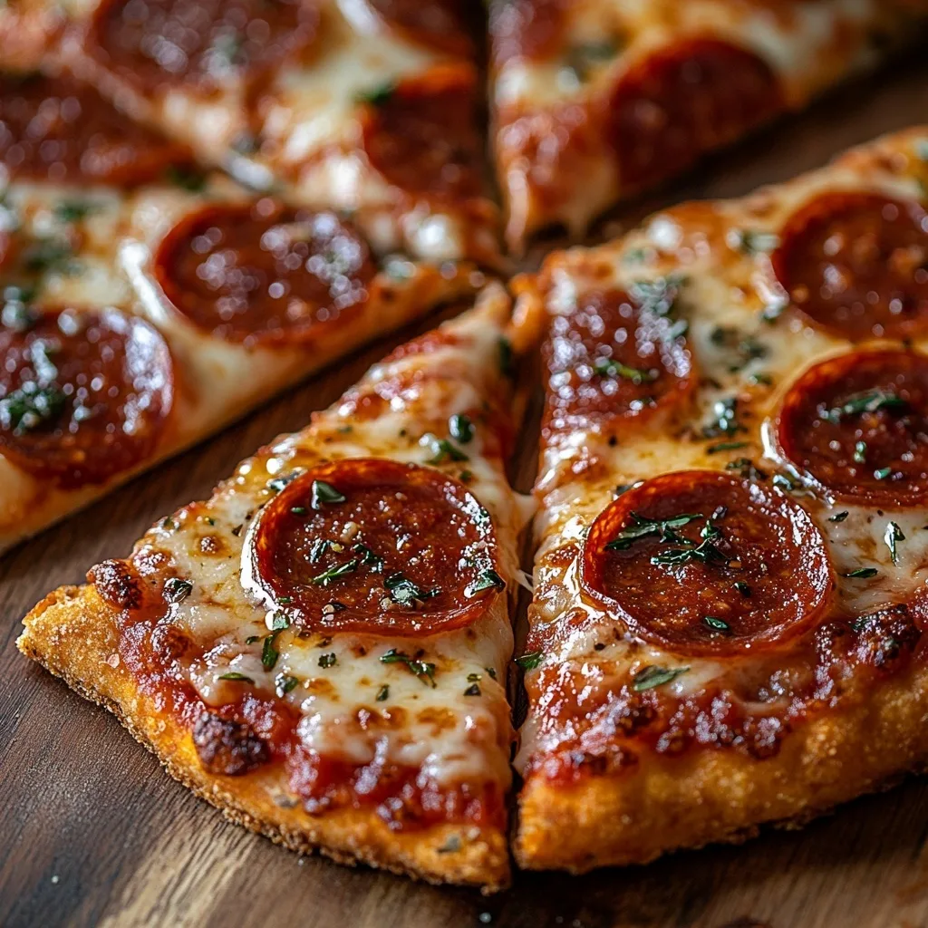 Freshly baked gluten-free pizza with cottage cheese crust topped with pepperoni and mozzarella on a wooden board.