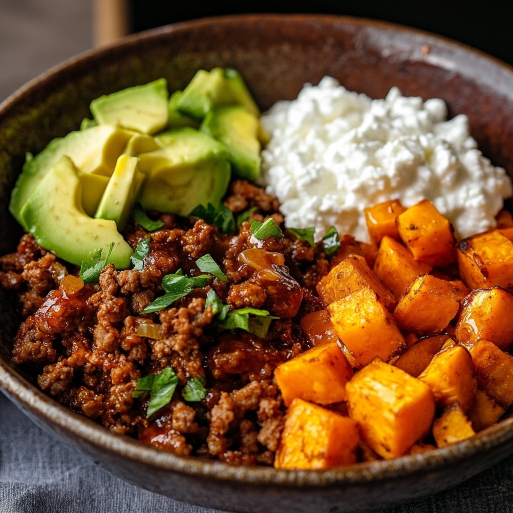Sweet potato taco bowl hot honey with avocado and ground meat