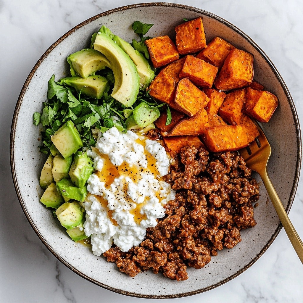 Taco cottage cheese sweet potato bowl with roasted sweet potatoes, taco beef, avocado, and cottage cheese drizzled with hot honey