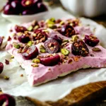 Cherry Pistachio Chocolate Yogurt Protein Bark – The Ultimate No-Bake High-Protein Frozen Dessert Cherry Pistachio Chocolate Yogurt Protein Bark angled close-up of cherry pistachio chocolate yogurt protein bark with chopped nuts and cherries