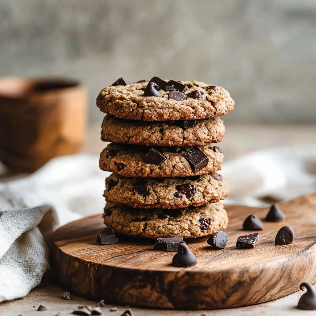 Stack of chickpea chocolate chip cookies no flour on a wooden board with chocolate chunks
