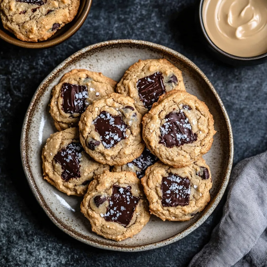 Gluten-free chickpea flour tahini cookies with dark chocolate and flaky sea salt on a ceramic plate