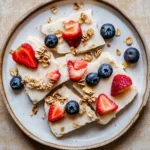 High protein Greek yogurt bark with berries and granola on a plate