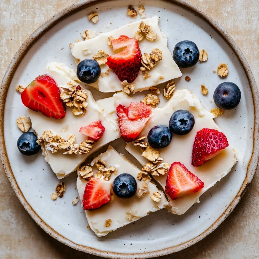 High protein Greek yogurt bark with berries and granola on a plate