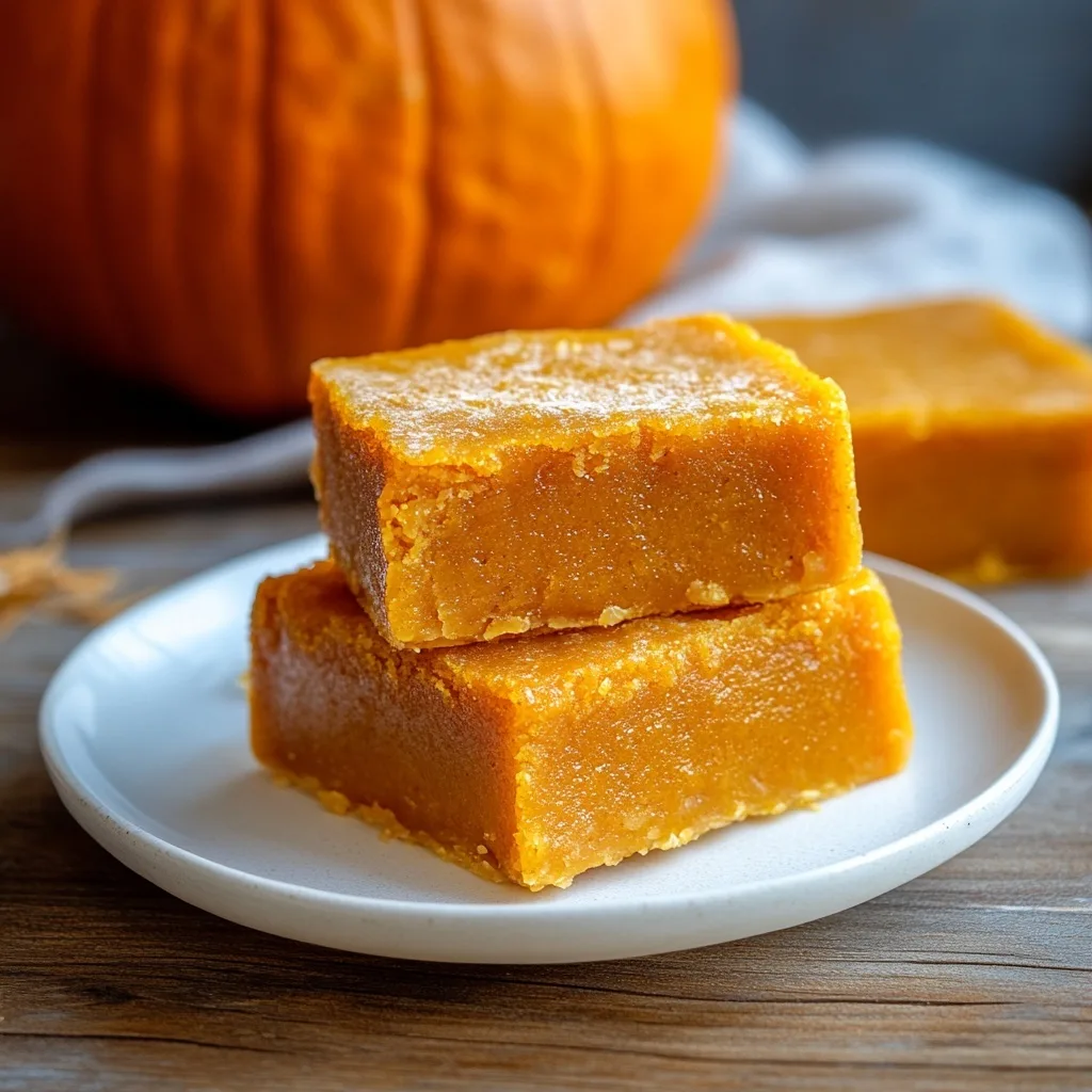 stacked pumpkin butter mochi squares from Hawaii recipe on white plate with pumpkin in background