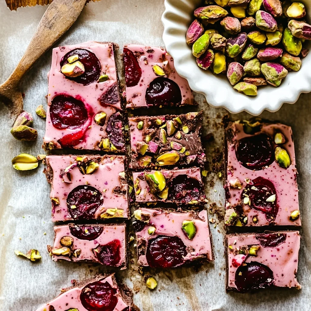 cherry pistachio chocolate yogurt protein bark sliced on parchment with a vintage knife