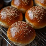 Super-Soft Tangzhong Burger Buns Tangzhong Burger Buns Freshly baked Tangzhong Burger Buns on cooling rack with sesame seeds