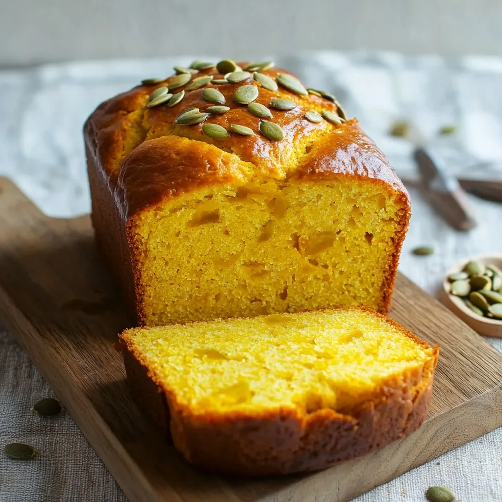 Sliced tangzhong pumpkin bread loaf on wooden board with pepitas