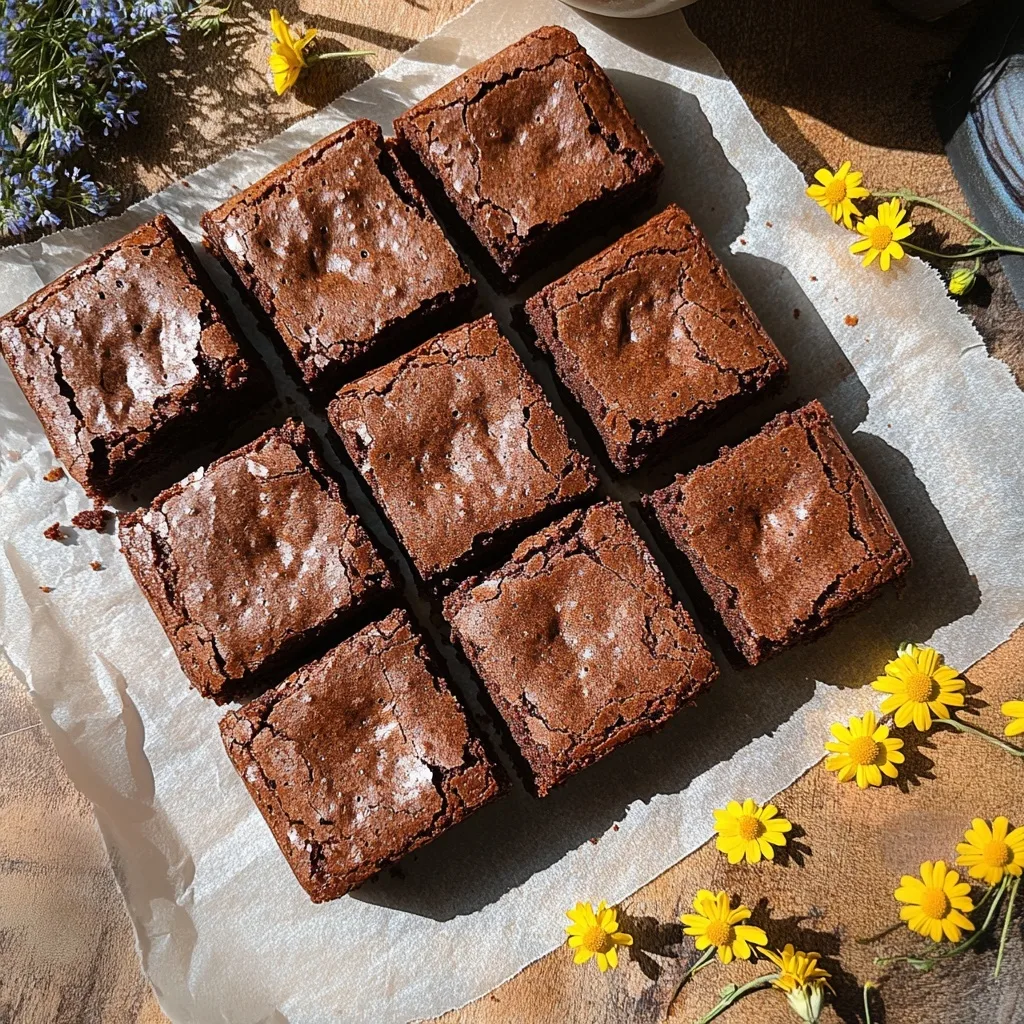 Freshly baked Tigernut Flour Brownies cut into squares on parchment paper with yellow wildflowers.