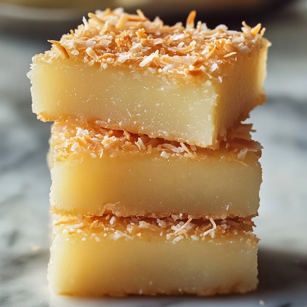 Stacked butter mochi hawaii squares topped with toasted coconut on marble