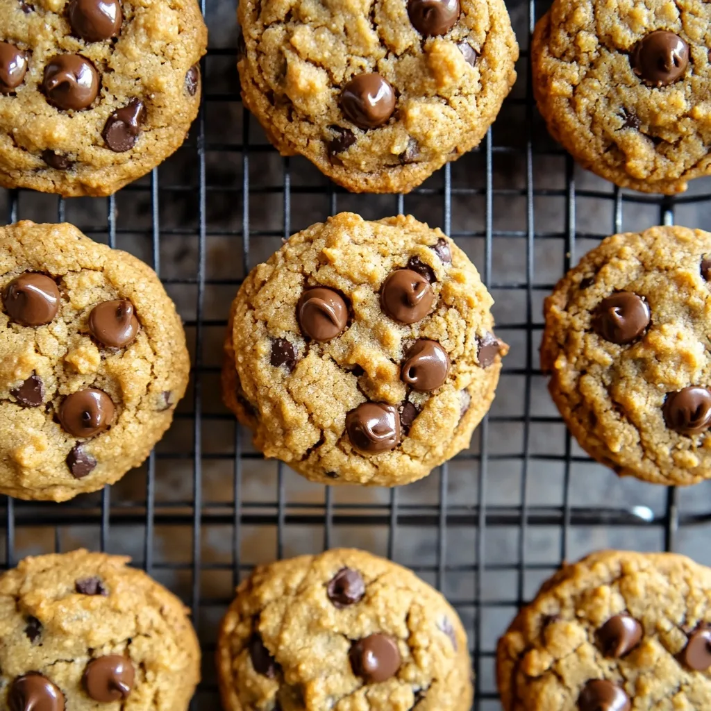 Freshly baked vegan chickpea flour cookies with chocolate chips on cooling rack