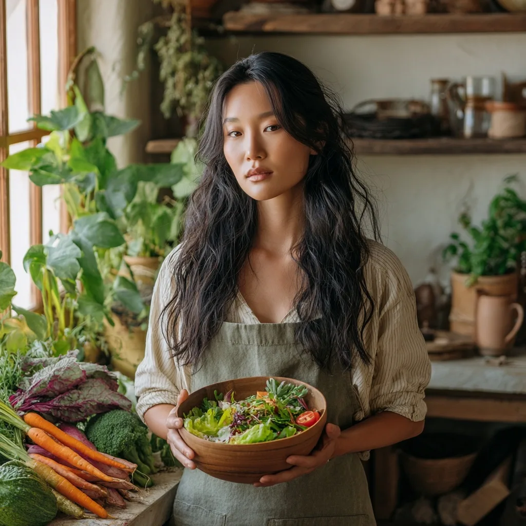 A serene, naturally lit portrait of Clara Nguyen in a rustic, plant-filled kitchen. She stands beside vibrant produce—carrots, broccoli, leafy greens—wearing a neutral-toned linen apron and holding a wooden bowl of colorful salad. This image captures Clara’s peaceful, plant-forward approach to cooking and her signature mindful aesthetic featured on Tasty Savvy.