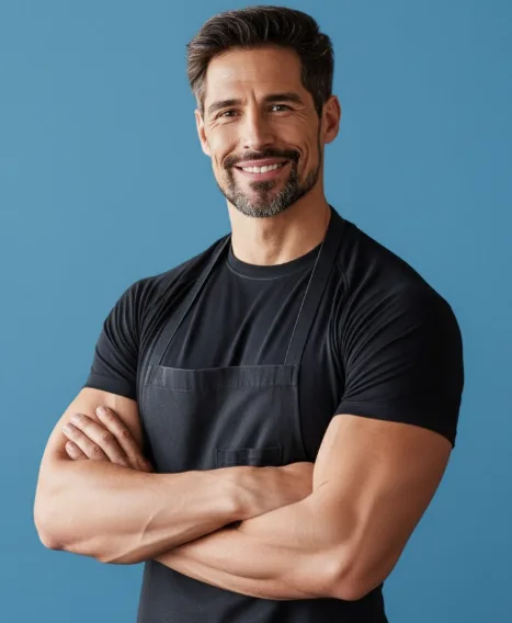 About Daniel Carter About Daniel Carter Daniel Carter smiling with arms crossed, wearing a black athletic shirt and apron, standing against a solid blue background.