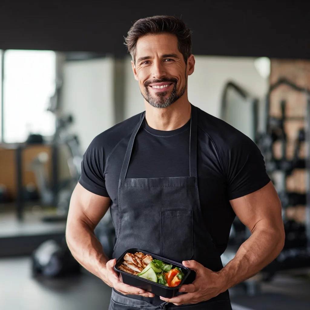 About Daniel Carter About Daniel Carter Daniel Carter smiling in a gym kitchen setting, holding a black meal prep container filled with grilled chicken and vegetables.