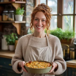 About Us About Melisa Bennett smiling in a cozy farmhouse kitchen, holding a gluten-free casserole dish.