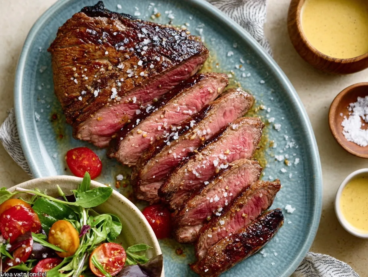 Medium rare air fryer tri tip steak with mustard sauce and salad