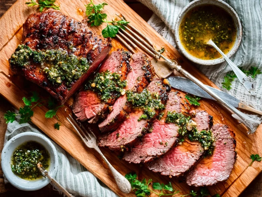 Air fryer tri tip with chimichurri sauce on wooden board