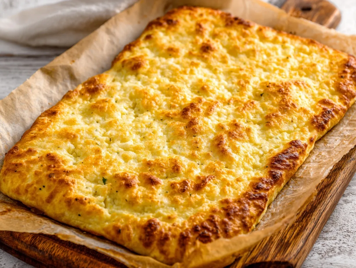 golden cottage cheese flatbread microwave recipe on wooden board