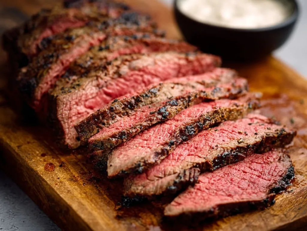 Sliced air fryer tri tip roast with pink center on wooden board