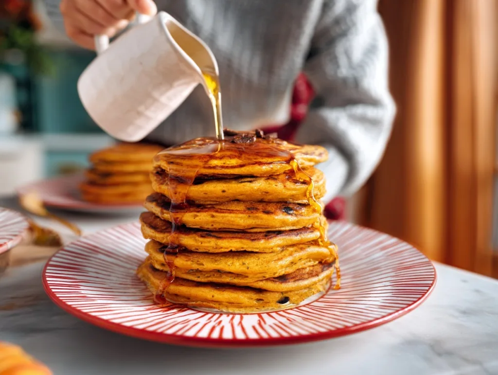 person pouring maple syrup over high protein pumpkin pancakes