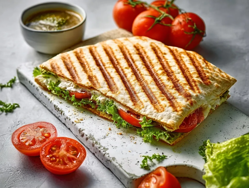 grilled cottage cheese flatbread sandwich with lettuce and tomato