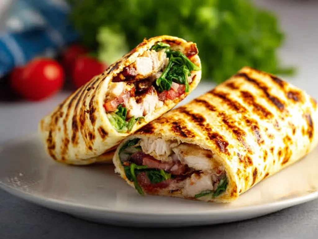grilled cottage cheese flatbread wrap with chicken and spinach