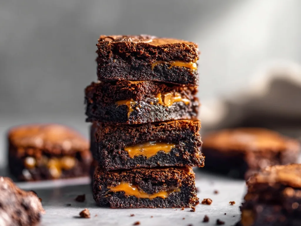 stack of caramel brownies with shiny tops