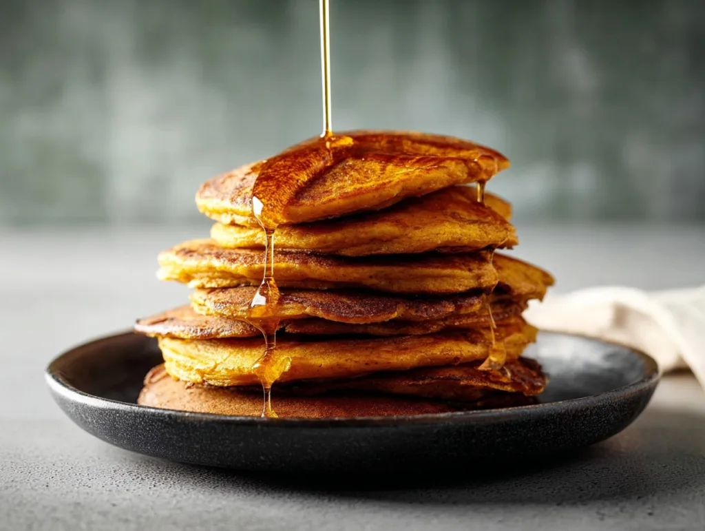 stack of high protein pumpkin pancakes drizzled with maple syrup