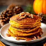 high protein pumpkin pancakes with pecans on plate