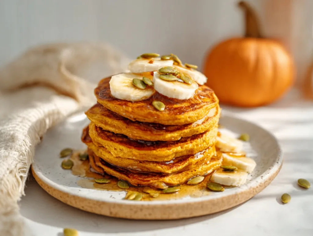high protein pumpkin pancakes with banana and pumpkin seeds