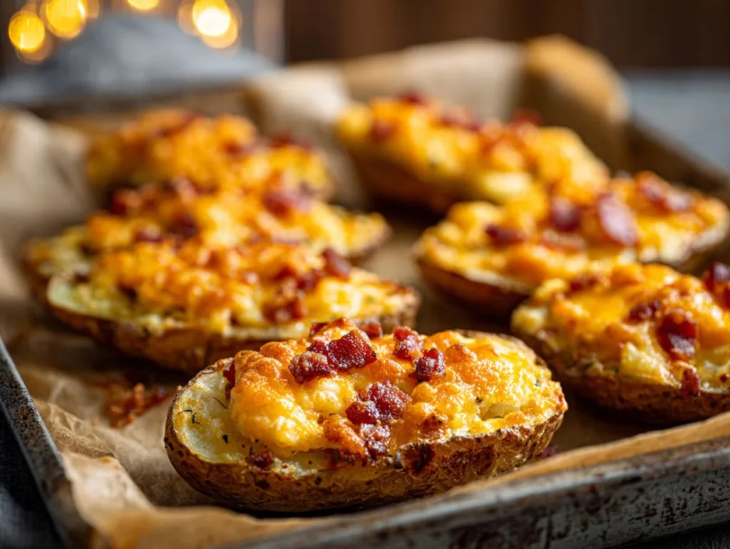 Golden air fryer potato skins with bacon and cheddar on a tray