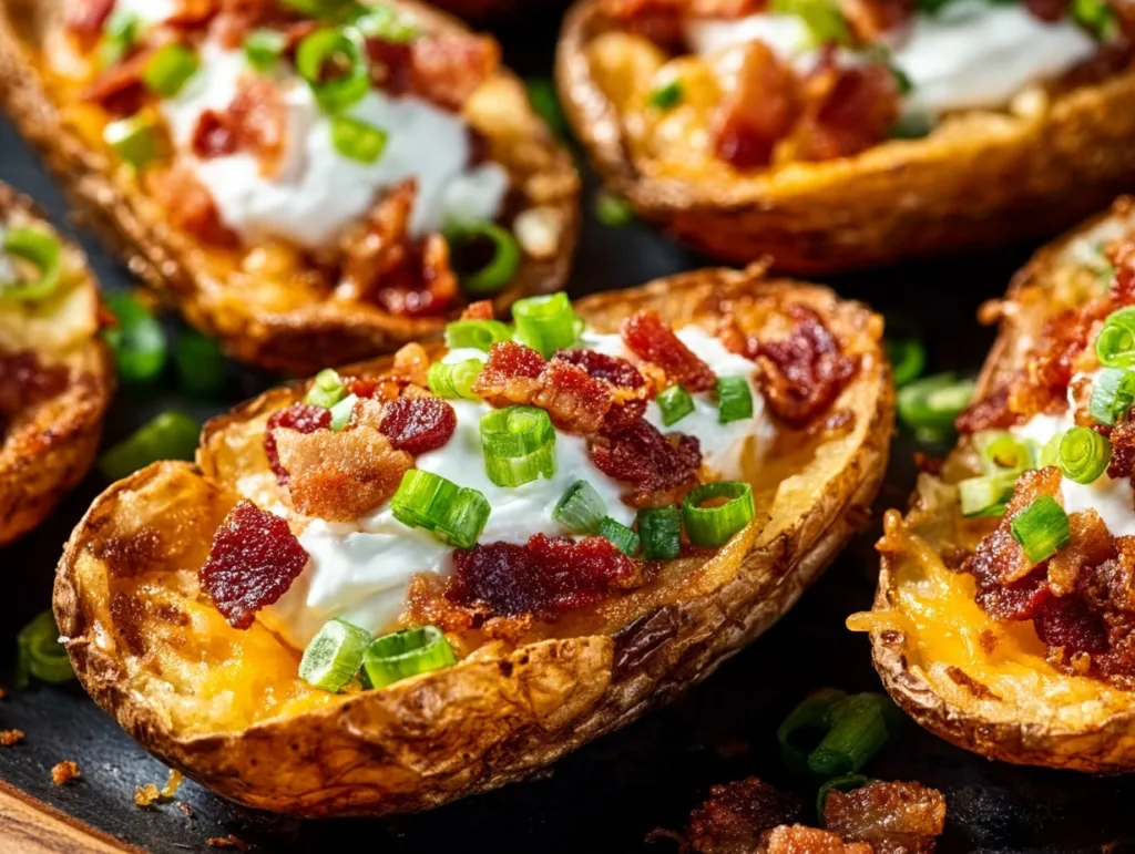 Loaded air fryer potato skins with bacon, cheese, and sour cream