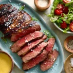 Juicy air fryer tri tip steak sliced with salad and sauce