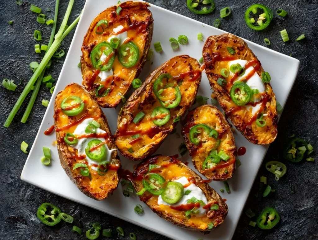 Spicy air fryer potato skins with cheddar, sour cream, and jalapeños