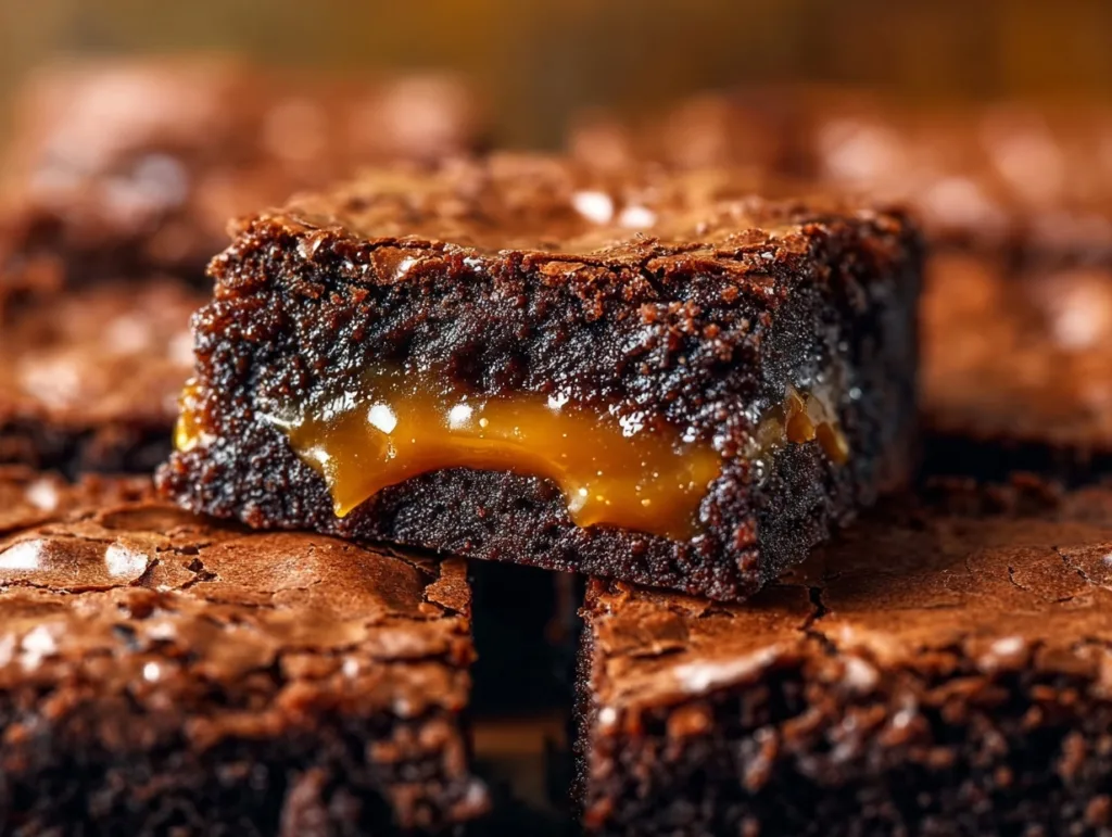 gooey caramel brownie with shiny crackled top