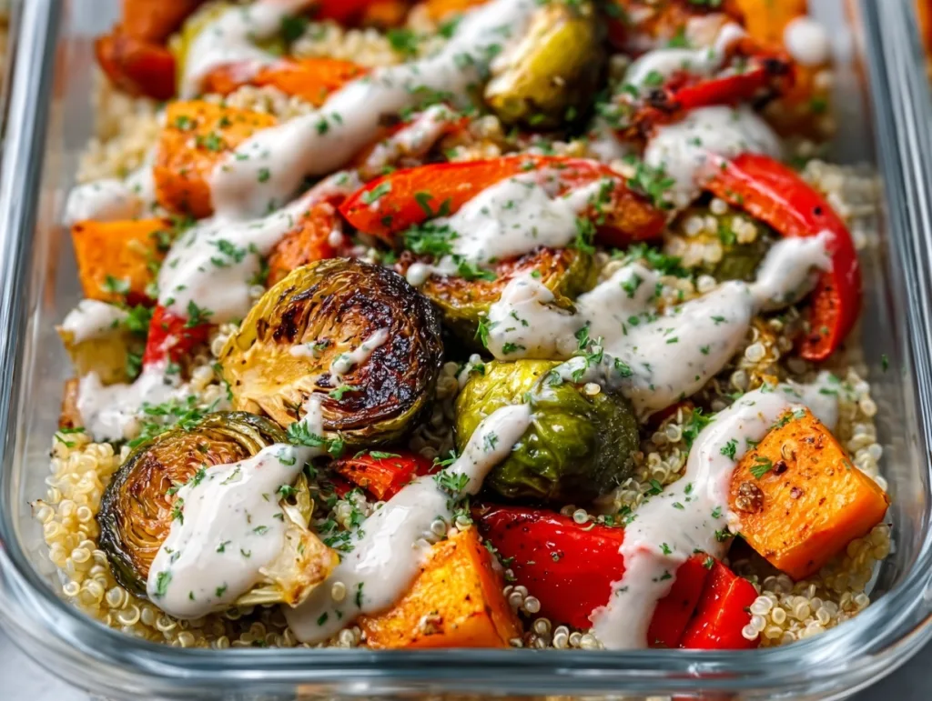 roasted veggie and quinoa bowl with creamy sauce in glass container