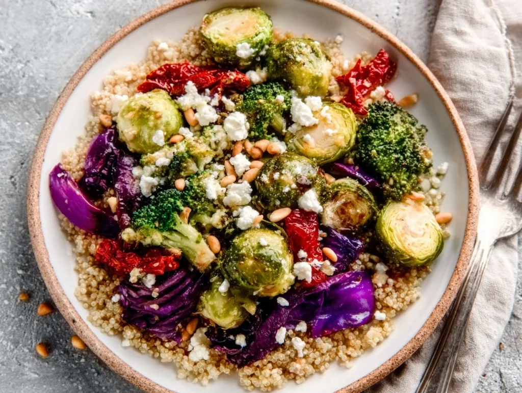 rRoasted Veggie & Quinoa Bowls with feta and sun-dried tomatoes