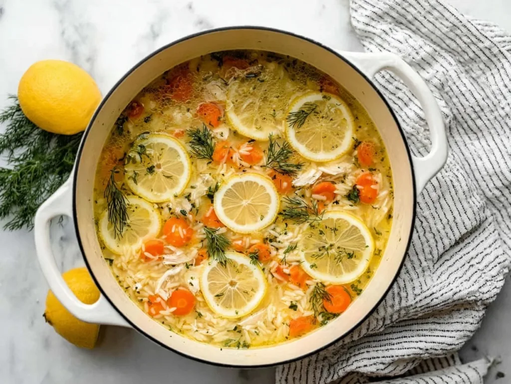 Chicken Lemon Orzo Soup with lemon slices in white pot