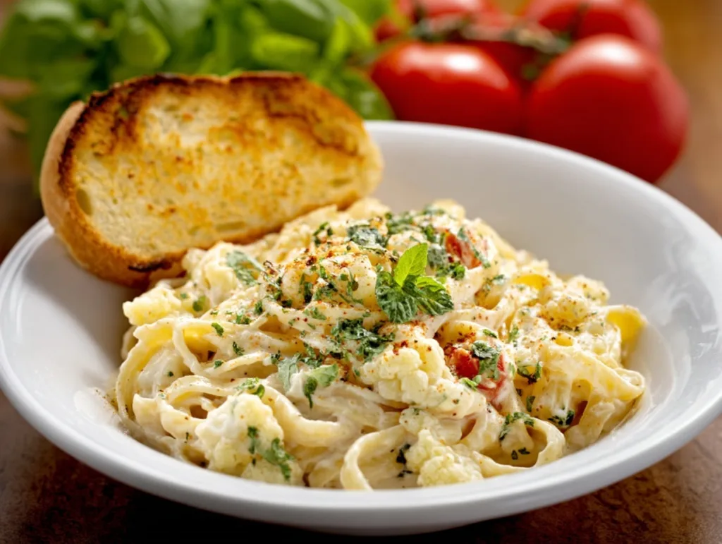 Creamy cauliflower Alfredo pasta with garlic bread and herbs