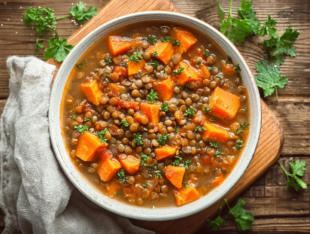 Rustic bowl of Lentil & Sweet Potato Stew on wooden board