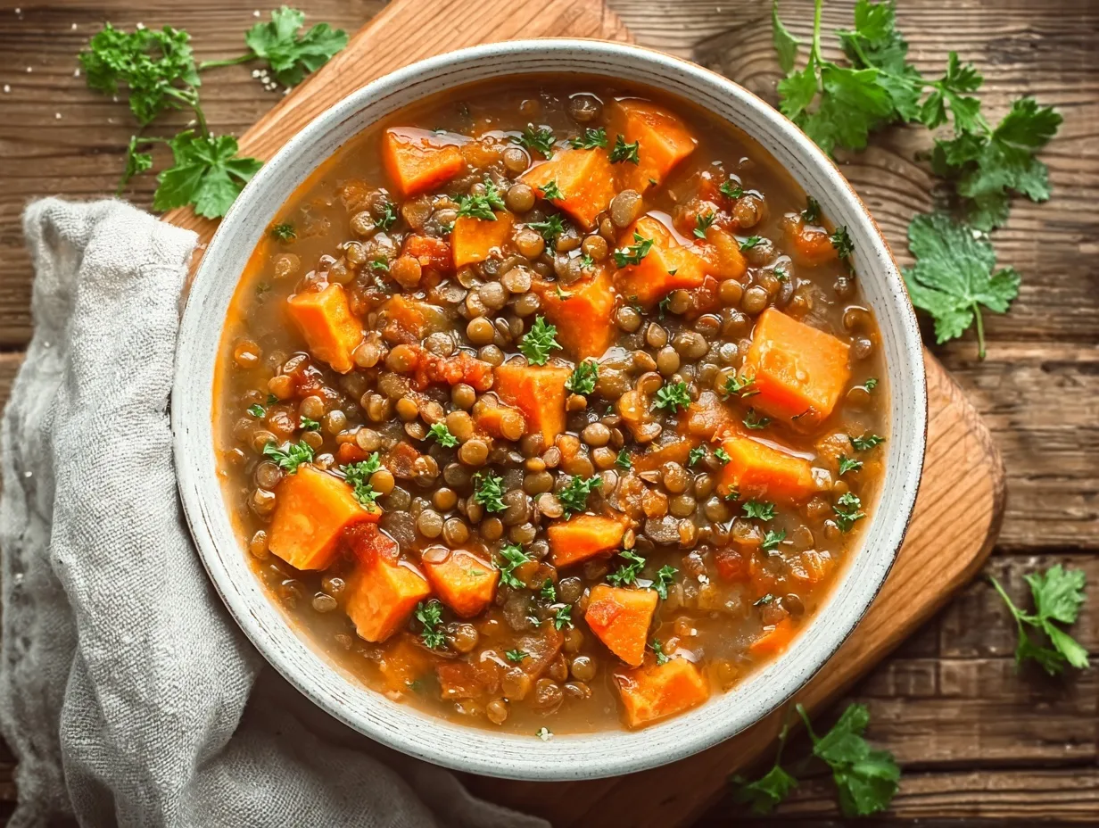 Rustic bowl of lentil and sweet potato stew on wooden board
