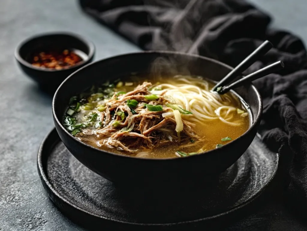Ginger miso noodle soup with shredded chicken in a black bowl
