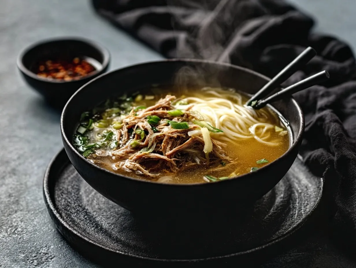 Ginger miso noodle soup with shredded chicken in a black bowl