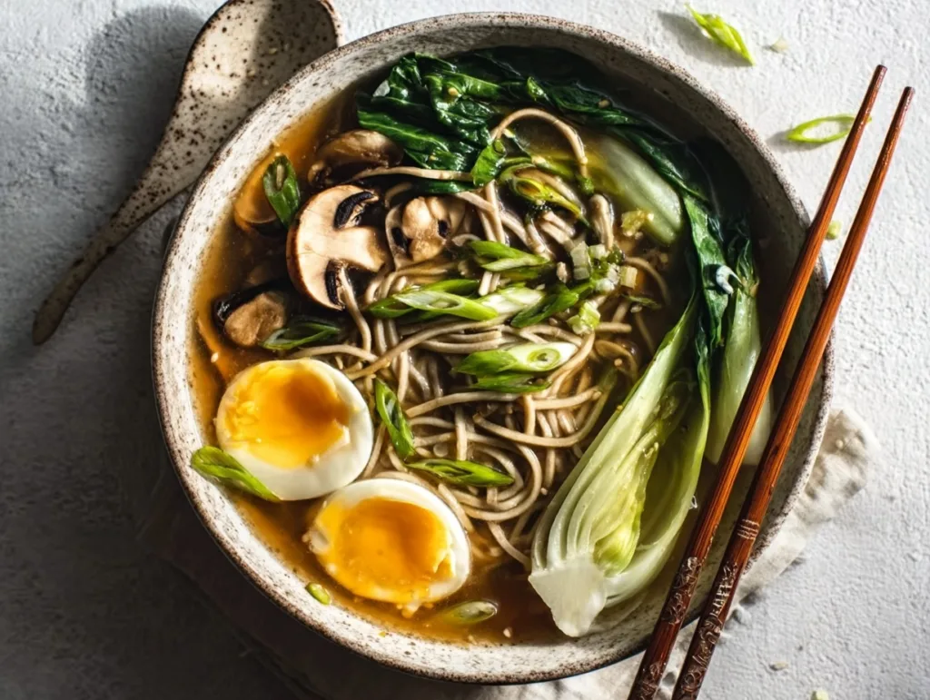 Ginger miso noodle soup with bok choy, mushrooms, and egg