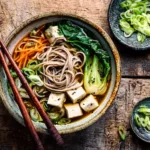 Ginger miso noodle soup with tofu, bok choy, and soba noodles