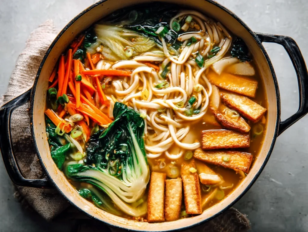 Ginger miso noodle soup with tofu, bok choy, and carrots in a pot