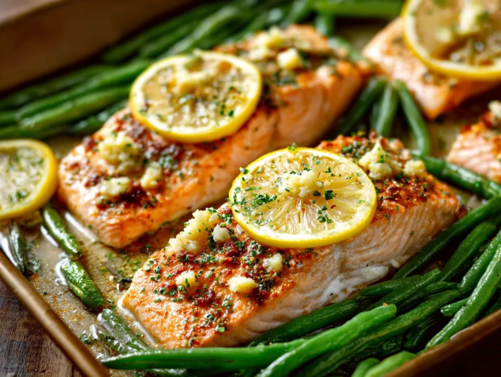 baked salmon with garlic greens and lemon on sheet pan