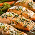 baked salmon with garlic greens and roasted vegetables